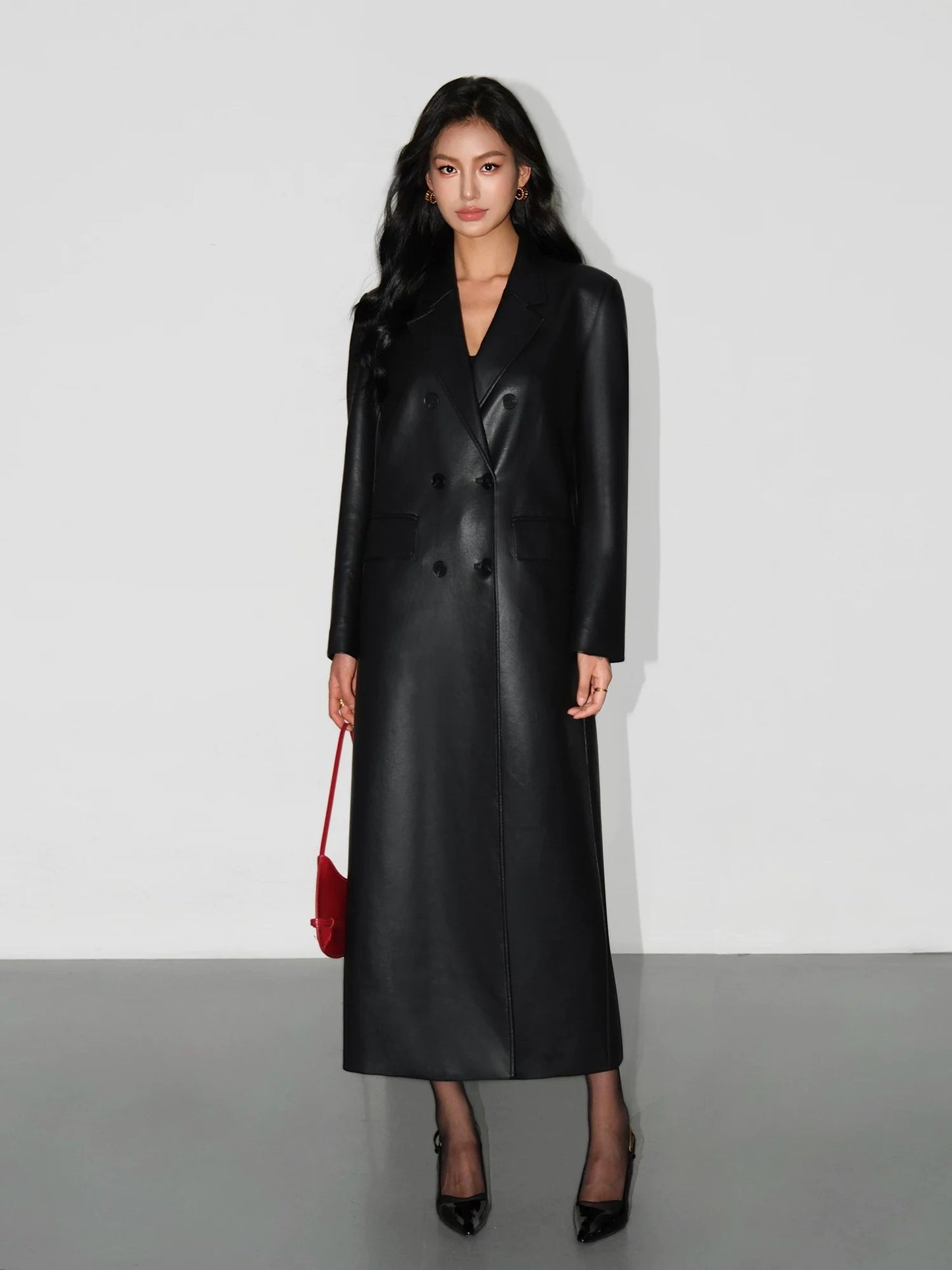 NEVA HU suit leather jacket women's long design niche PU leather high-end loose casual coat
