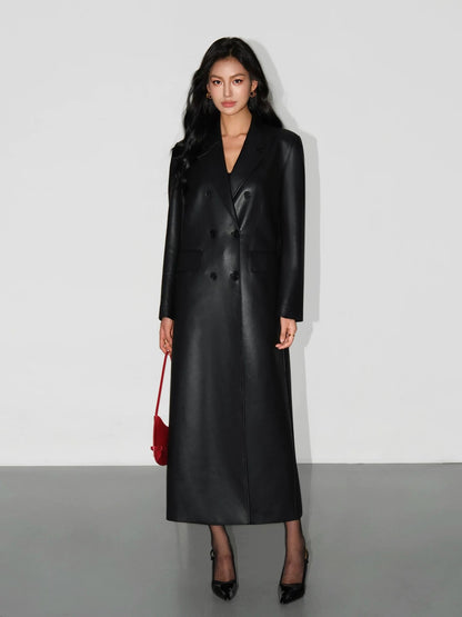 NEVA HU suit leather jacket women's long design niche PU leather high-end loose casual coat