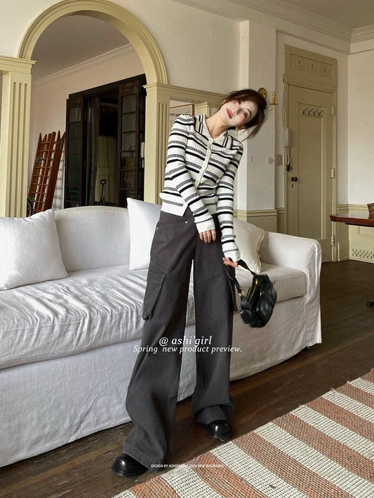 Greater than poetry, American retro overalls for women, small, loose, drapey, narrow wide-leg pants, casual straight pants for summer