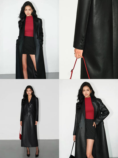 NEVA HU suit leather jacket women's long design niche PU leather high-end loose casual coat