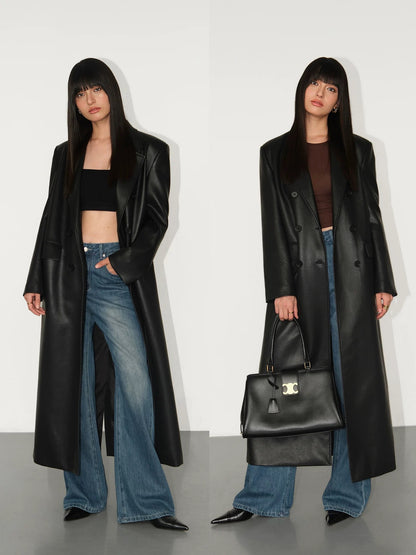 NEVA HU suit leather jacket women's long design niche PU leather high-end loose casual coat