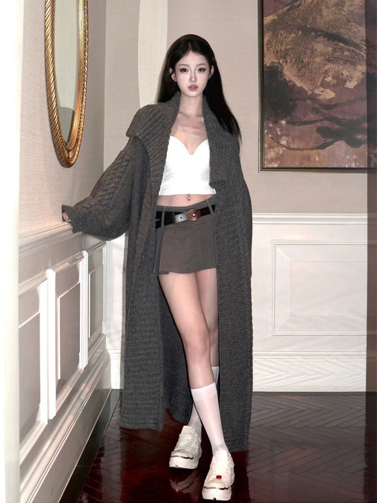 Gray large lapel sweater coat for women, loose and lazy, extra long knitted cardigan, bathrobe, casual coat, thick