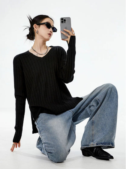 ICH MODE American black sweater women's spring and autumn loose knitted bottoming shirt long-sleeved lazy style top