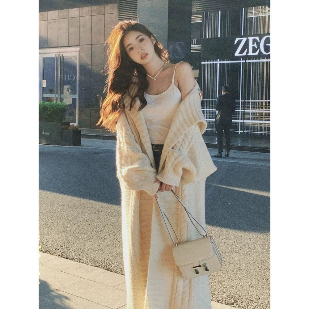 Gray large lapel sweater coat for women, loose and lazy, extra long knitted cardigan, bathrobe, casual coat, thick