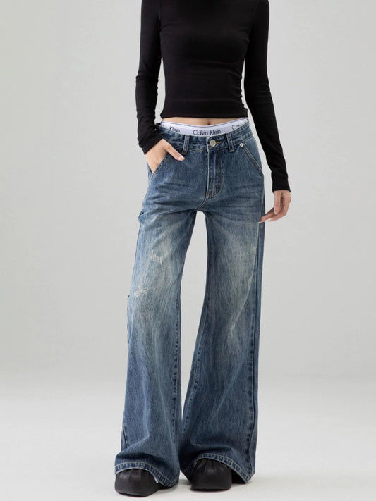 ICH MODE American retro blue bootcut jeans for women 2025 spring new wide-leg slim casual pants
