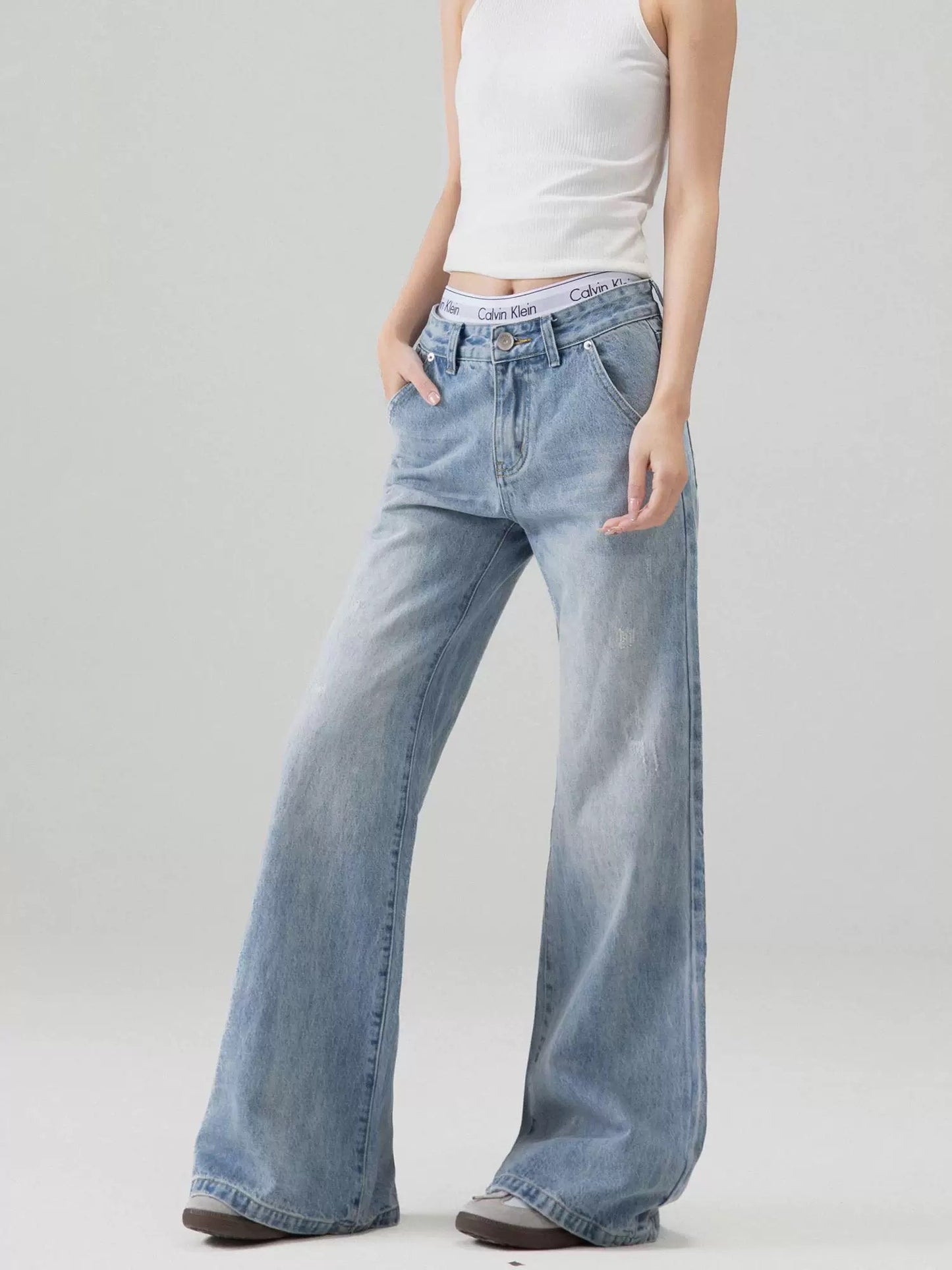 ICH MODE American retro blue bootcut jeans for women 2025 spring new wide-leg slim casual pants