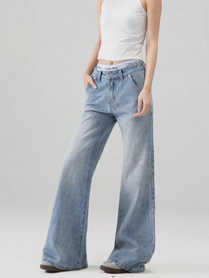 ICH MODE American retro blue bootcut jeans for women 2025 spring new wide-leg slim casual pants