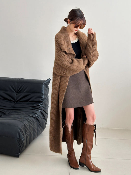 Lazy style large lapel knitted cardigan for women autumn and winter high-end long sweater coat for women loose temperament thick coat