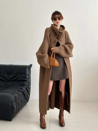 Lazy style large lapel knitted cardigan for women autumn and winter high-end long sweater coat for women loose temperament thick coat