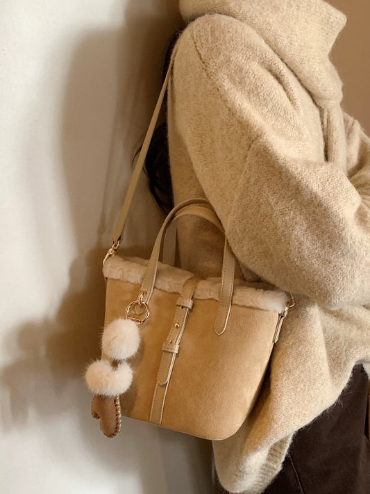 Chio2nd Genuine Wool Winter Chestnut Island Tote Bag, Fluffy Handbag, Shoulder Bag, Crossbody Bag for Women