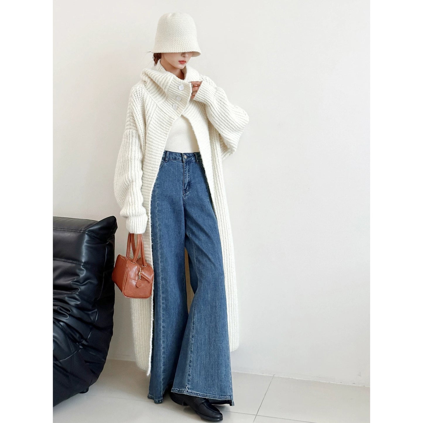 Lazy style large lapel knitted cardigan for women autumn and winter high-end long sweater coat for women loose temperament thick coat