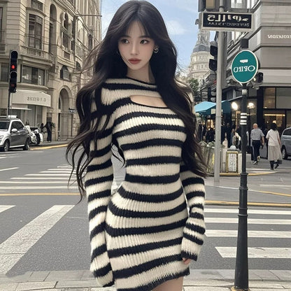 Coco KEKE 2024 new autumn style pure lust style hollow sexy hip-covering knitted dress