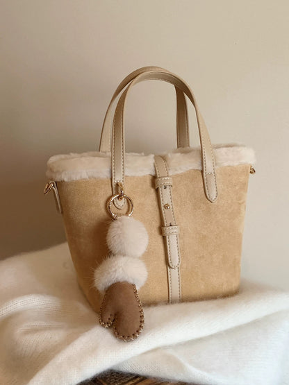 Chio2nd Genuine Wool Winter Chestnut Island Tote Bag, Fluffy Handbag, Shoulder Bag, Crossbody Bag for Women