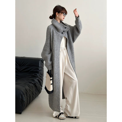 Lazy style large lapel knitted cardigan for women autumn and winter high-end long sweater coat for women loose temperament thick coat