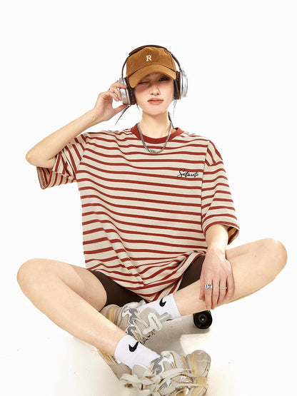ICH MODE round neck striped simple and versatile retro short-sleeved women's American casual loose textured T-shirt top summer