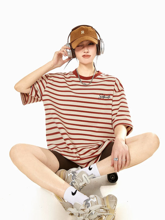 ICH MODE round neck striped simple and versatile retro short-sleeved women's American casual loose textured T-shirt top summer