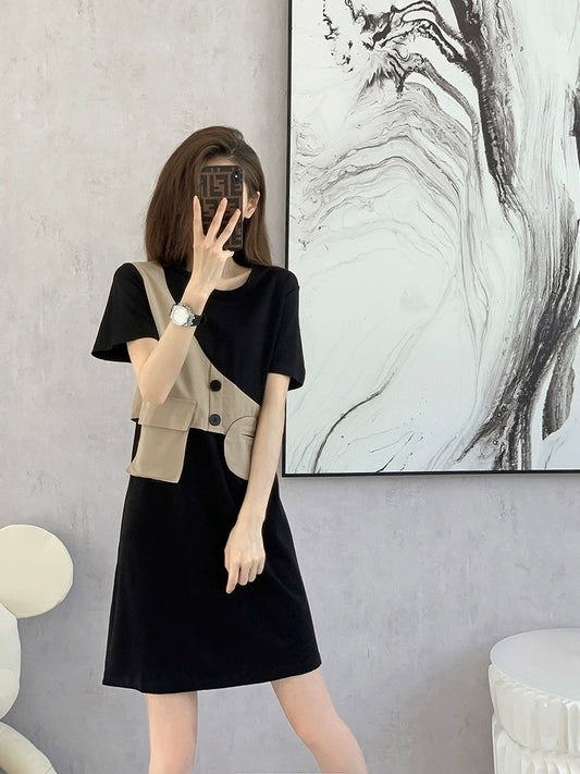 French black dress women's spring 2024 new European fake two-piece niche design high-end skirt summer
