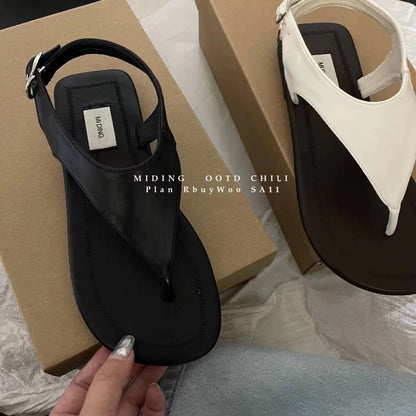 MIDING Yonecho Hanli and Korean style ~ niche retro simple versatile flip-toe sandals color-blocked soft-soled Roman shoes for women