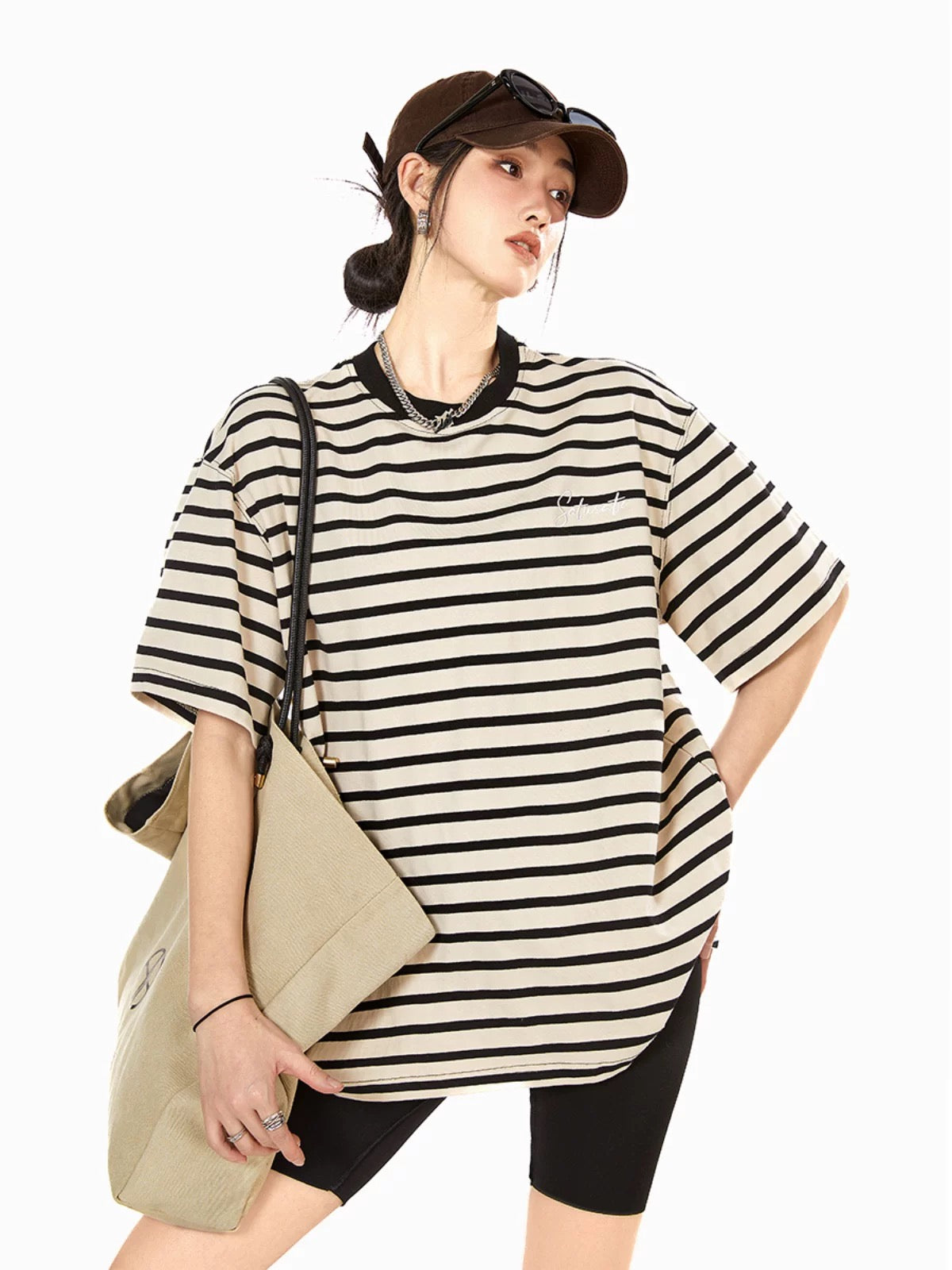ICH MODE round neck striped simple and versatile retro short-sleeved women's American casual loose textured T-shirt top summer
