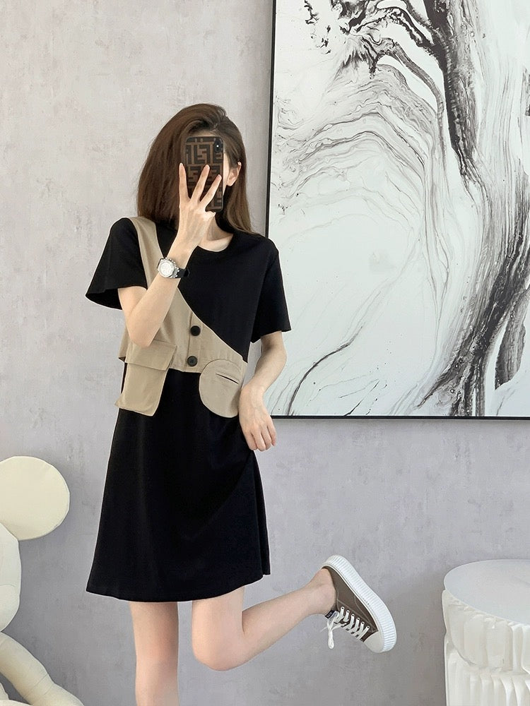 French black dress women's spring 2024 new European fake two-piece niche design high-end skirt summer