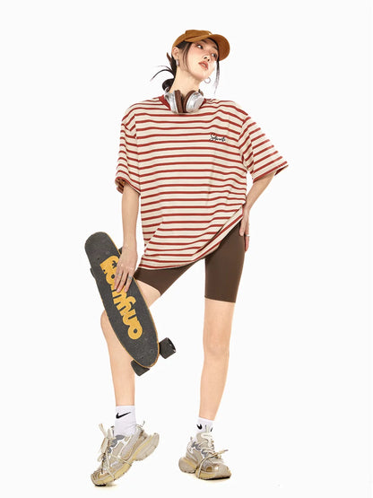 ICH MODE round neck striped simple and versatile retro short-sleeved women's American casual loose textured T-shirt top summer