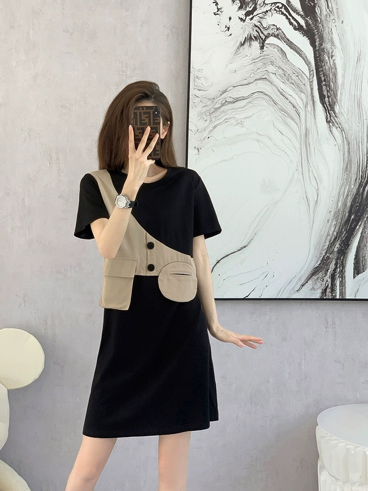 French black dress women's spring 2024 new European fake two-piece niche design high-end skirt summer