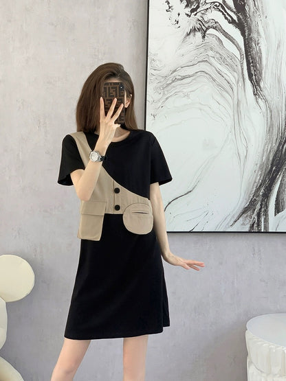 French black dress women's spring 2024 new European fake two-piece niche design high-end skirt summer
