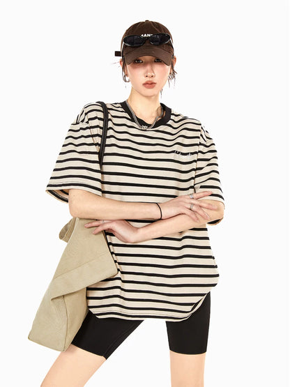ICH MODE round neck striped simple and versatile retro short-sleeved women's American casual loose textured T-shirt top summer