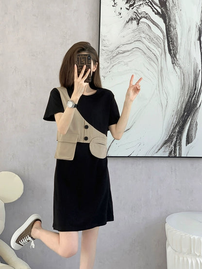 French black dress women's spring 2024 new European fake two-piece niche design high-end skirt summer