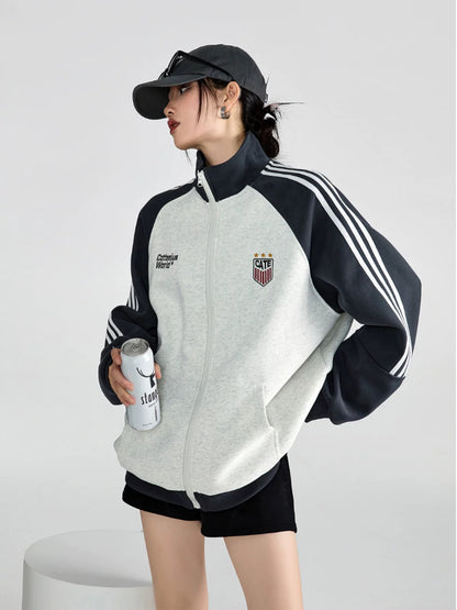 ICH MODE American stand collar sports coat for women spring 2025 new sweatshirt cardigan jacket top chic