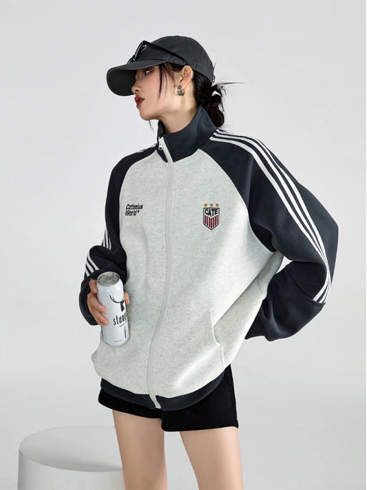 ICH MODE American stand collar sports coat for women spring 2025 new sweatshirt cardigan jacket top chic