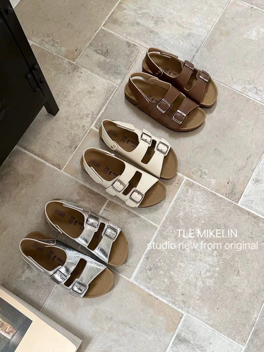 TLEMIKELIN daily versatile cork thick-soled Birkenstock sandals Korean style fashionable silver belt buckle sandals