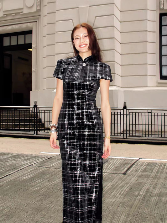 [Original Design by Qingdu Shuilang] "Godmother" – A Two-Piece Cheongsam-Style Set: Velvet-Textured, Silver-Threaded Plaid Cape Paired with a Sailor-Inspired Zippered Dress