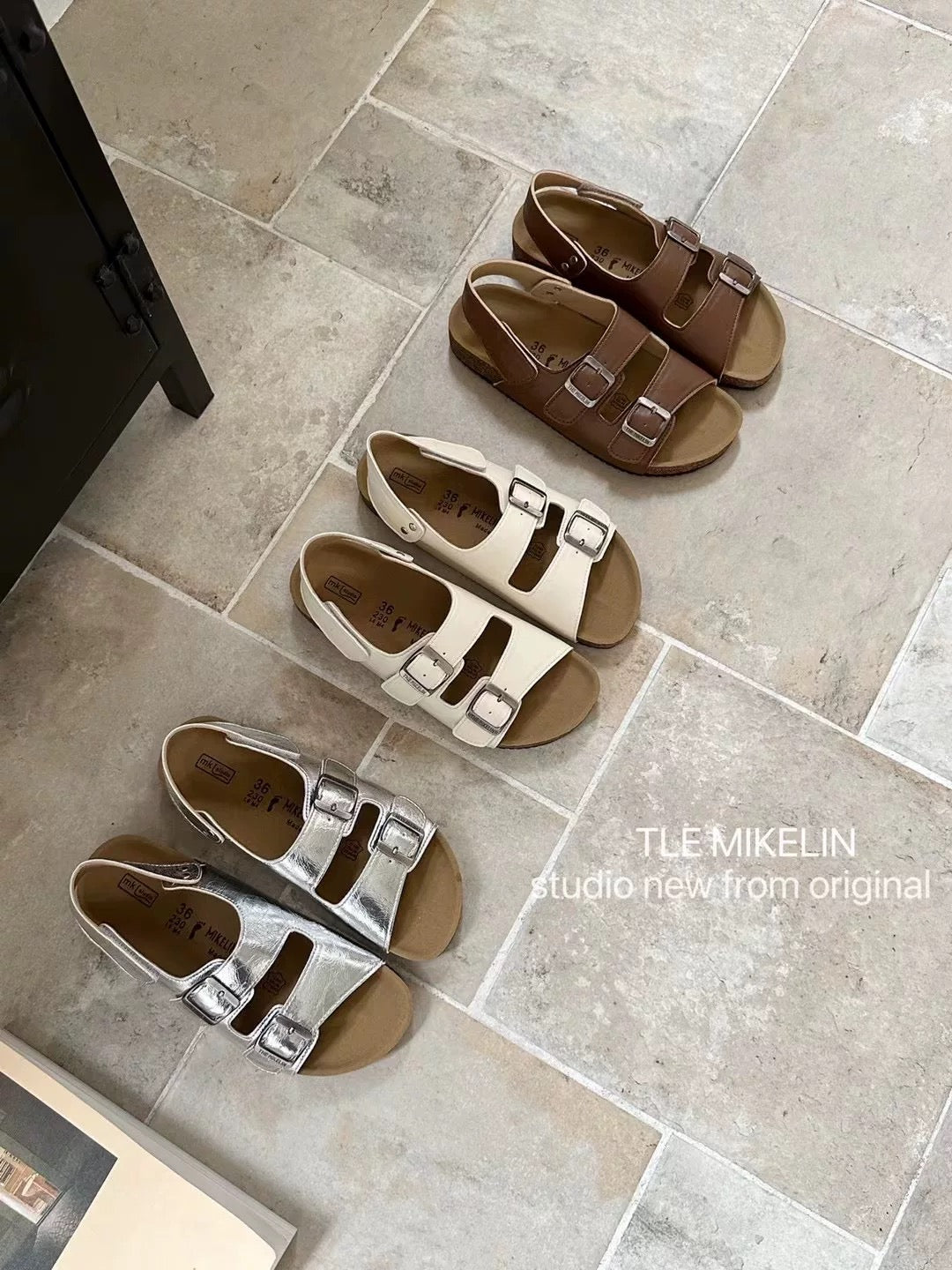 TLEMIKELIN daily versatile cork thick-soled Birkenstock sandals Korean style fashionable silver belt buckle sandals