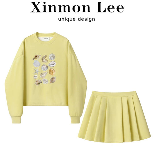 XinmonLee lazy western-style goose yellow round neck sweatshirt spring and autumn age-reducing high waist pleated skirt two-piece suit