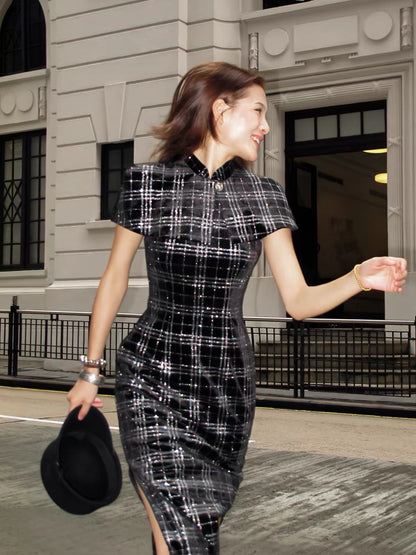 [Original Design by Qingdu Shuilang] "Godmother" – A Two-Piece Cheongsam-Style Set: Velvet-Textured, Silver-Threaded Plaid Cape Paired with a Sailor-Inspired Zippered Dress