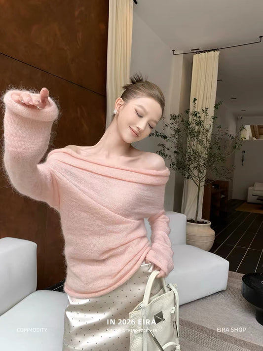 Eira "Cloud-Soft" Mohair-Wool Off-Shoulder Sweater with a Relaxed, Slouchy Turtleneck – Effortlessly Chic Knitwear for Women