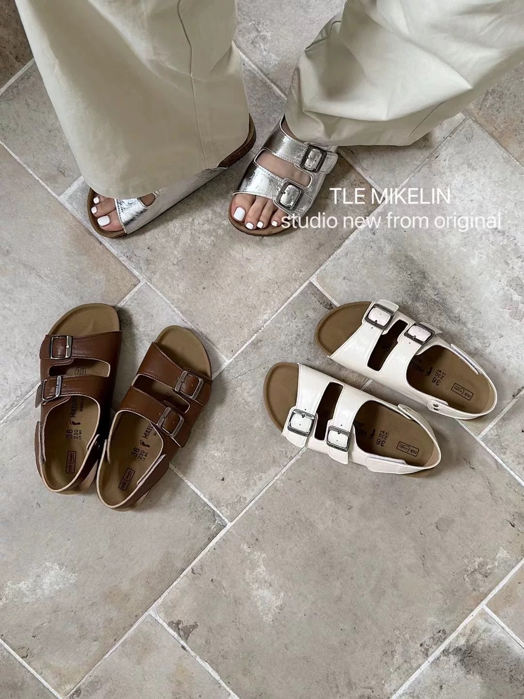 TLEMIKELIN daily versatile cork thick-soled Birkenstock sandals Korean style fashionable silver belt buckle sandals