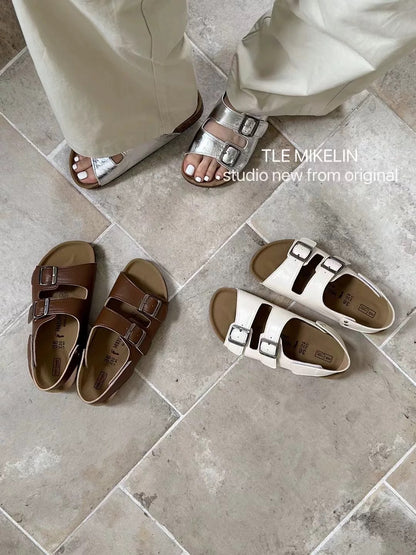 TLEMIKELIN daily versatile cork thick-soled Birkenstock sandals Korean style fashionable silver belt buckle sandals