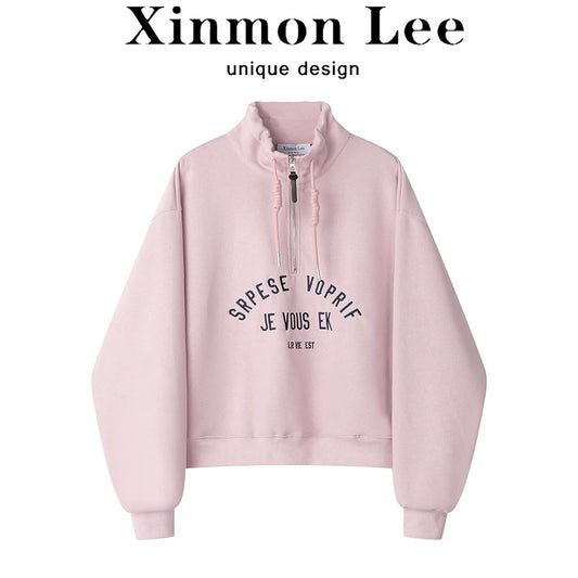 XinmonLee Korean version of the casual retro stand-up collar half zipper letter embroidered sweater versatile lazy style top autumn