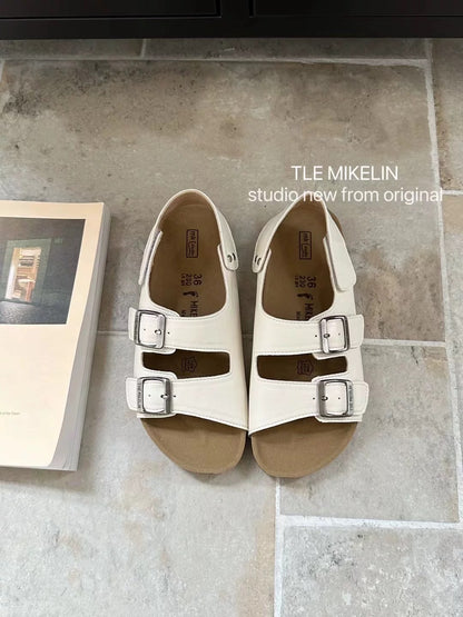 TLEMIKELIN daily versatile cork thick-soled Birkenstock sandals Korean style fashionable silver belt buckle sandals