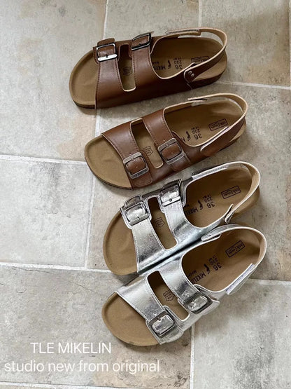 TLEMIKELIN daily versatile cork thick-soled Birkenstock sandals Korean style fashionable silver belt buckle sandals