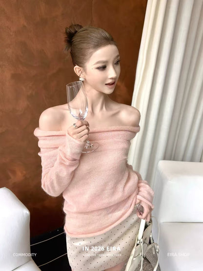 Eira "Cloud-Soft" Mohair-Wool Off-Shoulder Sweater with a Relaxed, Slouchy Turtleneck – Effortlessly Chic Knitwear for Women