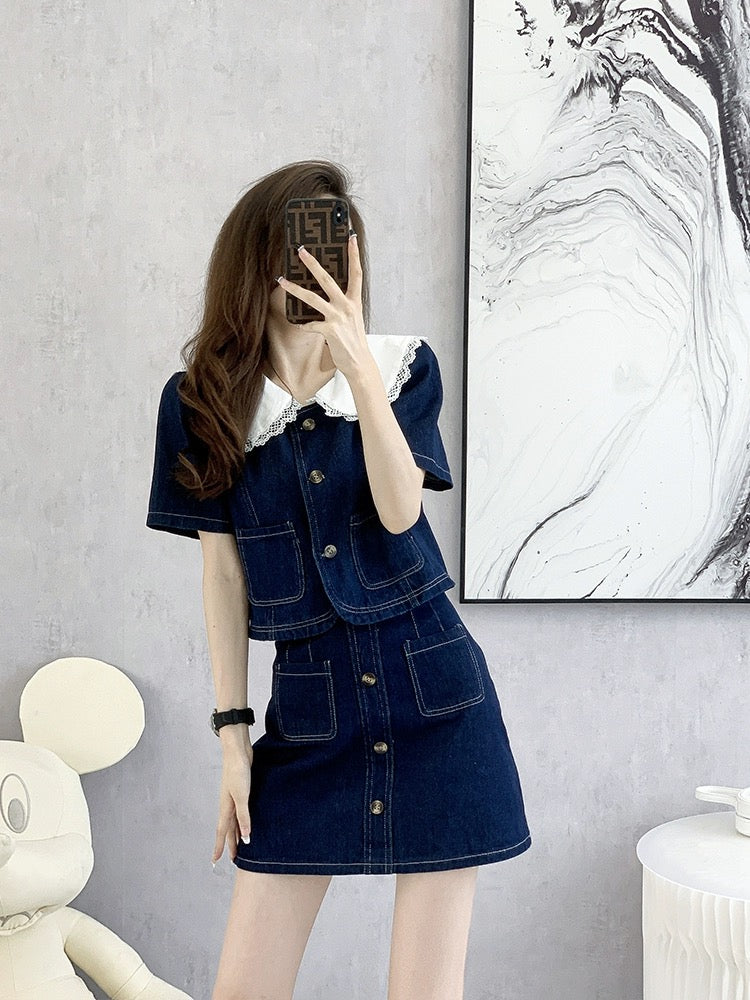 Spring clothing 2024 new casual fashion petite denim suit lively age-reducing two-piece set spring and summer women's clothing