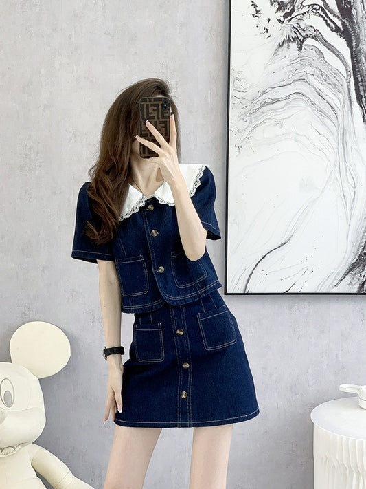 Spring clothing 2024 new casual fashion petite denim suit lively age-reducing two-piece set spring and summer women's clothing