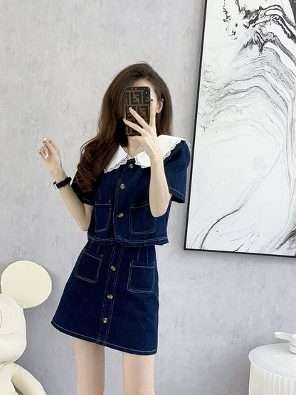 Spring clothing 2024 new casual fashion petite denim suit lively age-reducing two-piece set spring and summer women's clothing