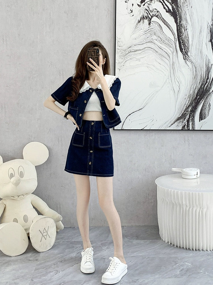 Spring clothing 2024 new casual fashion petite denim suit lively age-reducing two-piece set spring and summer women's clothing