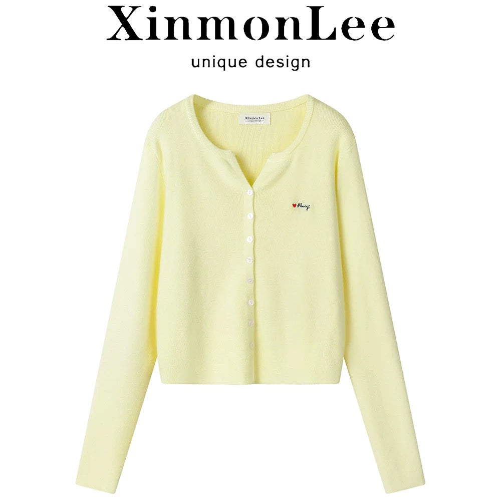 XinmonLee spring French all-match lazy style gentle temperament slim embroidered knitted cardigan short jacket