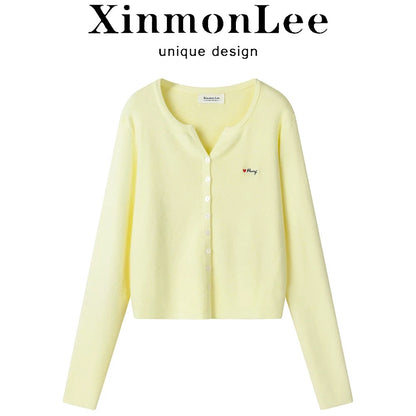 XinmonLee spring French all-match lazy style gentle temperament slim embroidered knitted cardigan short jacket