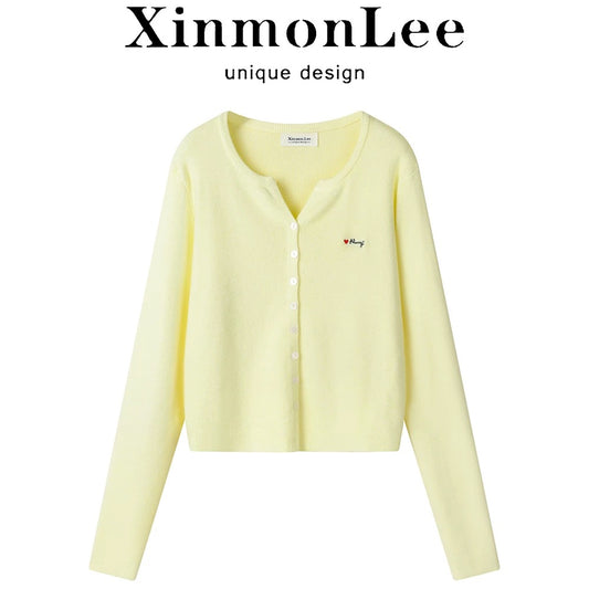XinmonLee spring French all-match lazy style gentle temperament slim embroidered knitted cardigan short jacket